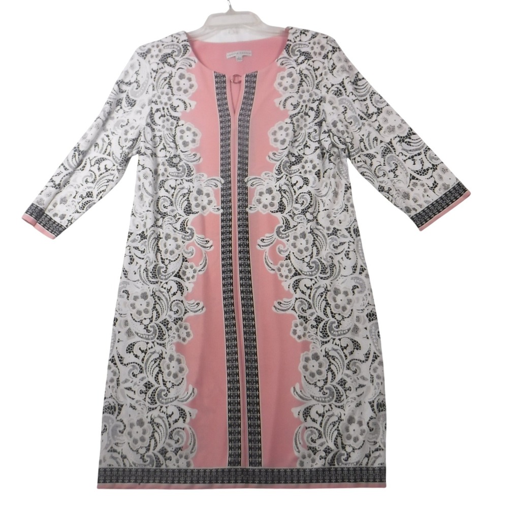 Sandra Darren Pink White Floral Lace Print Shift Dress 3/4 Sleeve Large